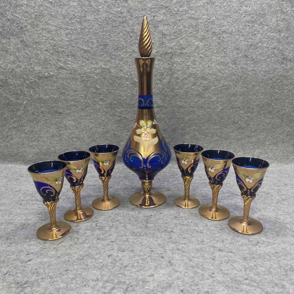 Venetian Murano Glass Decanter Set Cobalt Blue Gold Gilt Hand Painted 6 Glasses